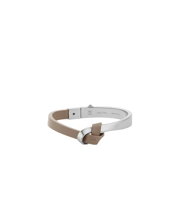 Pulseira Ormé Edition em prata rodiada com couro cinzento-acastanhado